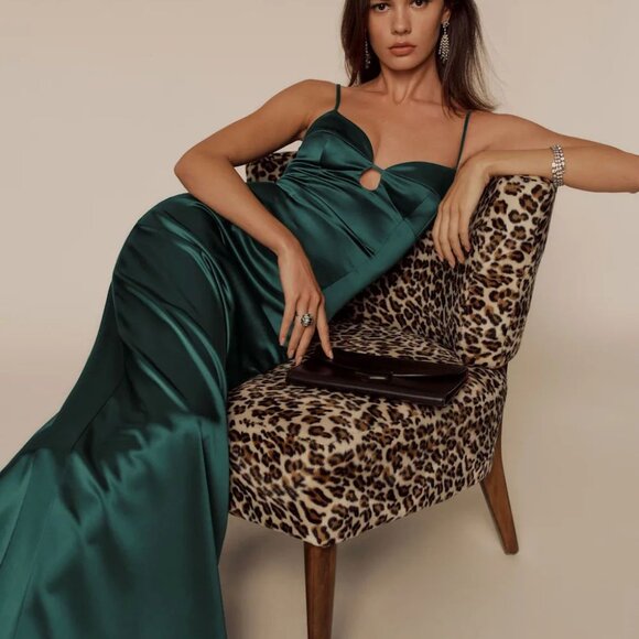 Reformation Sathia Satin Dress in Forest Green - Picture 3 of 3